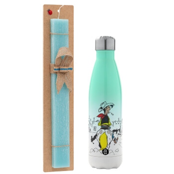 Lucky Luke comic, Easter Set, Metallic green/white thermos (Stainless steel), double-walled, 500ml & scented flat Easter candle (30cm) (TURQUOISE)