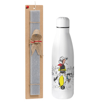 Lucky Luke comic, Easter Set, metallic Inox water bottle (700ml) & Easter scented flat candle (30cm) (GRAY)