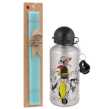 Lucky Luke comic, Easter Set, metallic silver aluminum water bottle (500ml) & scented flat Easter candle (30cm) (TURQUOISE)