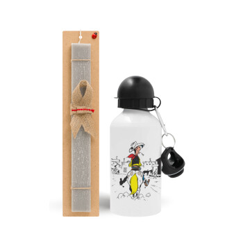 Lucky Luke comic, Easter Set, metallic aluminum water bottle (500ml) & aromatic flat Easter candle (30cm) (GRAY)