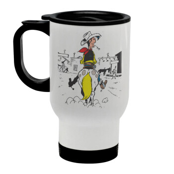 Lucky Luke comic, Stainless steel travel mug with lid, double wall white 450ml