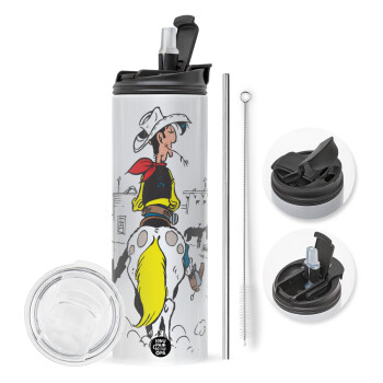 Lucky Luke comic, Travel Tumbler 2 Lids, with metal straw & cleaning brush (Stainless steel 304 Food grade, BPA free, 600ml)