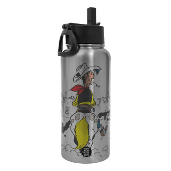 Lucky Luke comic, Metal mug thermo Silver with Straw and Spout Lid (Stainless steel), double wall, 950ml