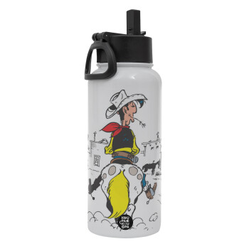 Lucky Luke comic, Metal mug thermo White with Straw and Spout Lid (Stainless steel), double wall, 950ml