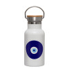 Metallic thermos (Stainless steel) White with wooden lid (bamboo), double-walled, 350ml