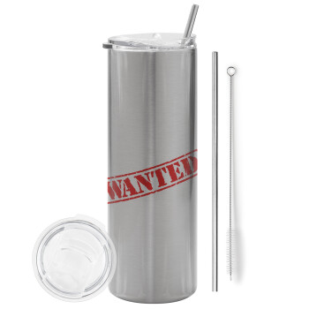 Wanted, Eco friendly ποτήρι θερμό Ασημένιο (tumbler) από ανοξείδωτο ατσάλι 600ml, με μεταλλικό καλαμάκι & βούρτσα καθαρισμού