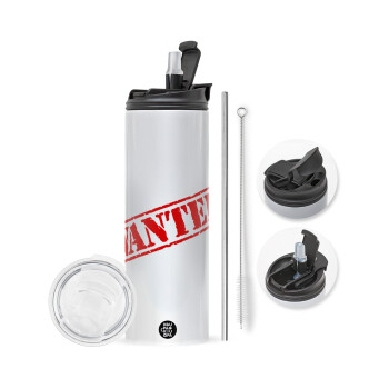 Wanted, Travel Tumbler 2 Lids, with metal straw & cleaning brush (Stainless steel 304 Food grade, BPA free, 600ml)