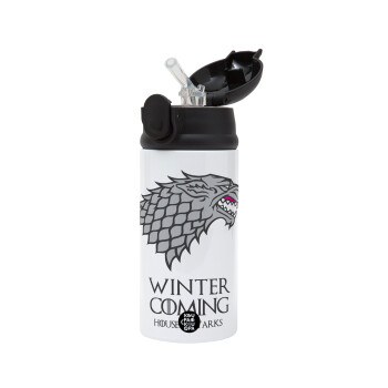 GOT House of Starks, winter coming, Παιδικό παγούρι θερμό, ανοξείδωτο, με καλαμάκι ασφαλείας, Μαύρο (360ml) BPA-FREE