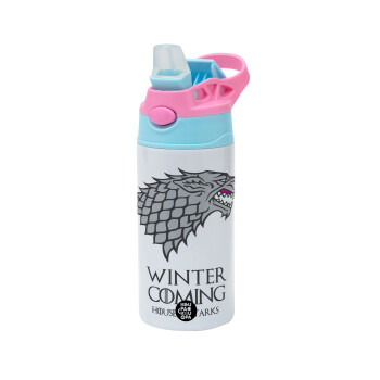 GOT House of Starks, winter coming, Children's hot water bottle, stainless steel, with safety straw, Pink/BlueCiel (360ml) BPA FREE