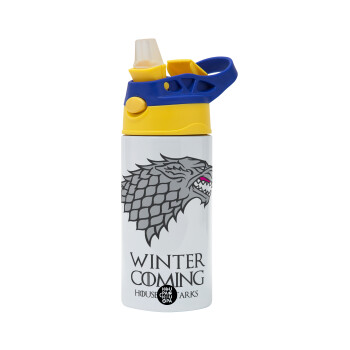 GOT House of Starks, winter coming, Παιδικό παγούρι θερμό, ανοξείδωτο, με καλαμάκι ασφαλείας, πράσινο/μπλε (360ml) BPA FREE