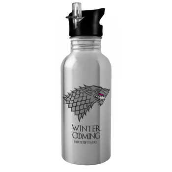 GOT House of Starks, winter coming, Παγούρι νερού Ασημένιο με καλαμάκι, ανοξείδωτο ατσάλι 600ml