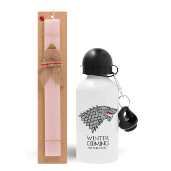 GOT House of Starks, winter coming, Easter Set, metallic aluminum bottle (500ml) & aromatic flat Easter candle (30cm) (PINK)