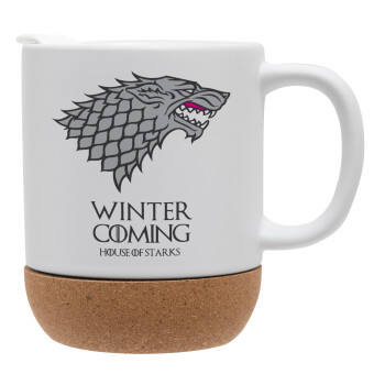 GOT House of Starks, winter coming, Κούπα, κεραμική με βάση φελού και καπάκι (ΜΑΤ), 330ml (1 τεμάχιο)