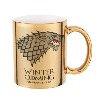 GOT House of Starks, winter coming, Mug ceramic, gold mirror, 330ml