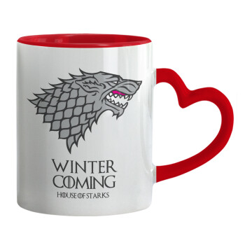 GOT House of Starks, winter coming, Mug heart red handle, ceramic, 330ml