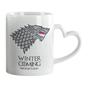 GOT House of Starks, winter coming, Κούπα καρδιά χερούλι λευκή, κεραμική, 330ml