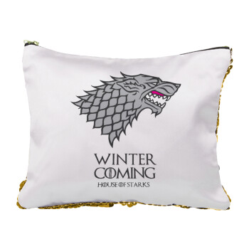 GOT House of Starks, winter coming, Sequin Gold Pouch Cosmetic Bag