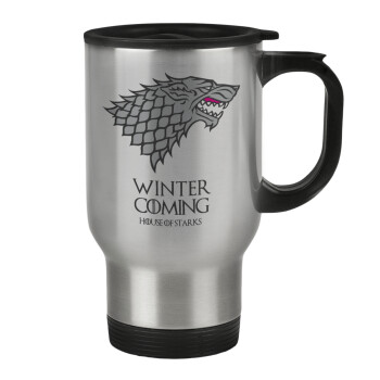 GOT House of Starks, winter coming, Stainless steel travel mug with lid, double wall 450ml