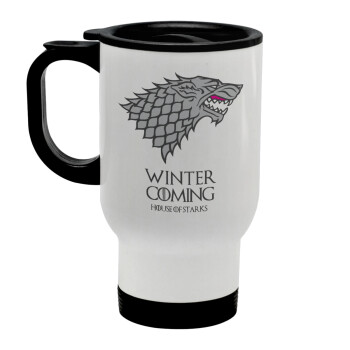 GOT House of Starks, winter coming, Stainless steel travel mug with lid, double wall white 450ml