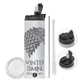 GOT House of Starks, winter coming, Travel Tumbler θερμό με διπλό καπάκι, μεταλλικό καλαμάκι και βούρτσα καθαρισμού (Ανωξείδωτο 304 Food grade, BPA free, 600ml)