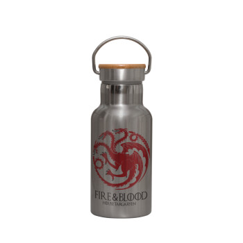 GOT House Targaryen, Fire Blood, Μεταλλικό παγούρι θερμός (Stainless steel) Ασημένιο με ξύλινο καπακι (bamboo), διπλού τοιχώματος, 350ml