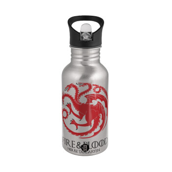 GOT House Targaryen, Fire Blood, Water bottle Silver with straw, stainless steel 500ml