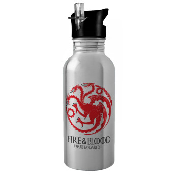 GOT House Targaryen, Fire Blood, Water bottle Silver with straw, stainless steel 600ml