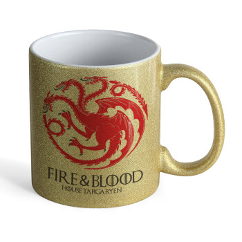 GOT House Targaryen, Fire Blood, Κούπα Χρυσή Glitter που γυαλίζει, κεραμική, 330ml