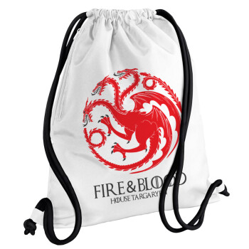 GOT House Targaryen, Fire Blood, Τσάντα πλάτης πουγκί GYMBAG λευκή, με τσέπη (40x48cm) & χονδρά κορδόνια