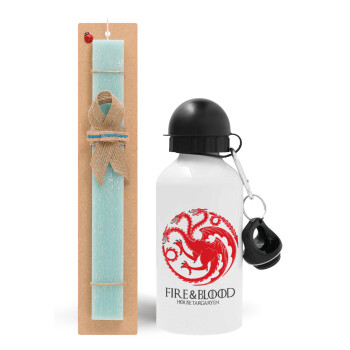 GOT House Targaryen, Fire Blood, Easter Set, metallic aluminum water bottle (500ml) & scented flat candle (30cm) (TURQUOISE)