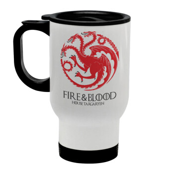 GOT House Targaryen, Fire Blood, Stainless steel travel mug with lid, double wall white 450ml