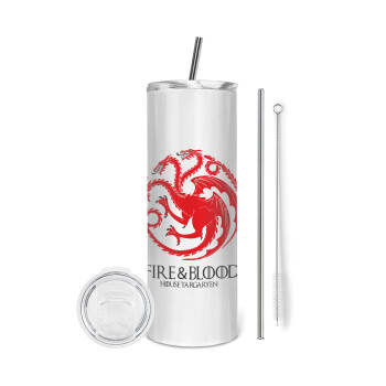 GOT House Targaryen, Fire Blood, Eco friendly ποτήρι θερμό (tumbler) από ανοξείδωτο ατσάλι 600ml, με μεταλλικό καλαμάκι & βούρτσα καθαρισμού