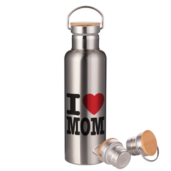 I LOVE MOM, Μεταλλικό παγούρι θερμός (Stainless steel) Ασημένιο με ξύλινο καπακι (bamboo), διπλού τοιχώματος, 750ml