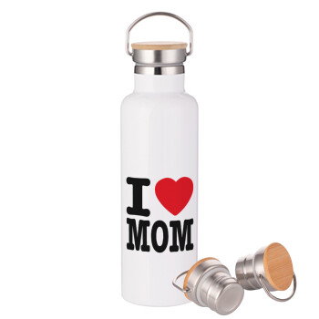 I LOVE MOM, Μεταλλικό παγούρι θερμός (Stainless steel) Λευκό με ξύλινο καπακι (bamboo), διπλού τοιχώματος, 750ml