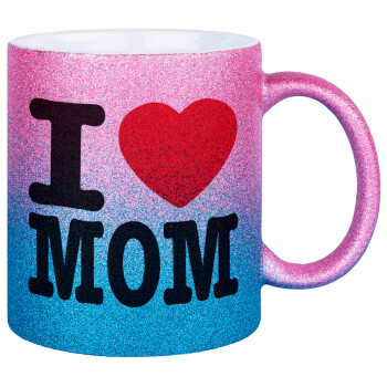 I LOVE MOM, Κούπα Χρυσή/Μπλε Glitter, κεραμική, 330ml