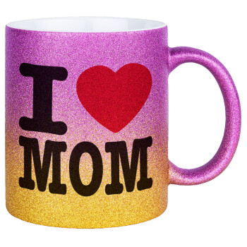 I LOVE MOM, Κούπα Χρυσή/Ροζ Glitter, κεραμική, 330ml