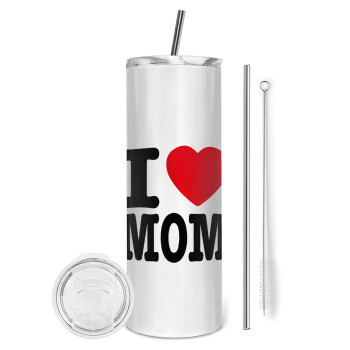 I LOVE MOM, Tumbler ποτήρι θερμό από ανοξείδωτο ατσάλι 600ml, με μεταλλικό καλαμάκι & βούρτσα καθαρισμού