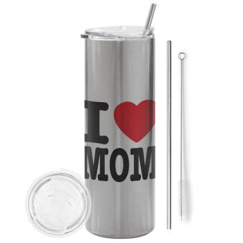 I LOVE MOM, Eco friendly ποτήρι θερμό Ασημένιο (tumbler) από ανοξείδωτο ατσάλι 600ml, με μεταλλικό καλαμάκι & βούρτσα καθαρισμού