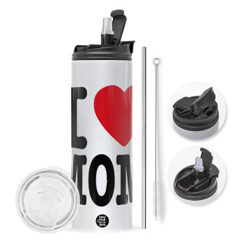 I LOVE MOM, Travel Tumbler θερμό με διπλό καπάκι, μεταλλικό καλαμάκι και βούρτσα καθαρισμού (Ανωξείδωτο 304 Food grade, BPA free, 600ml)