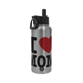 I LOVE MOM, Metal mug thermo Silver with Straw and Spout Lid (Stainless steel), double wall, 950ml