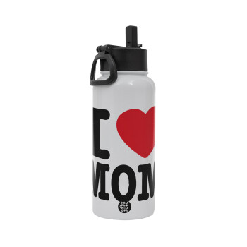 I LOVE MOM, Metal mug thermo White with Straw and Spout Lid (Stainless steel), double wall, 950ml