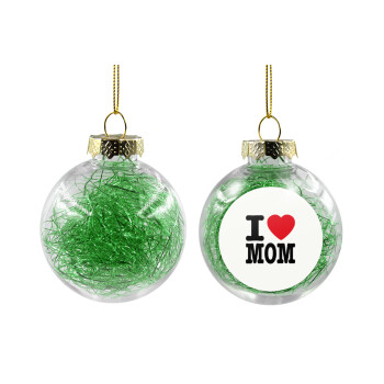 I LOVE MOM, Transparent Christmas tree ball ornament with green filling 8cm