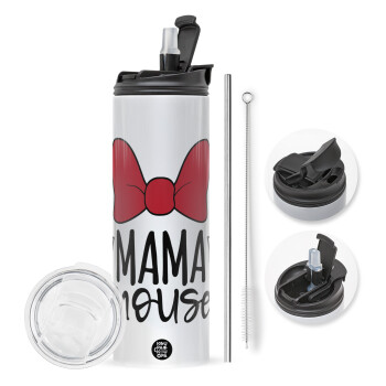 MAMA mouse, Travel Tumbler 2 Lids, with metal straw & cleaning brush (Stainless steel 304 Food grade, BPA free, 600ml)