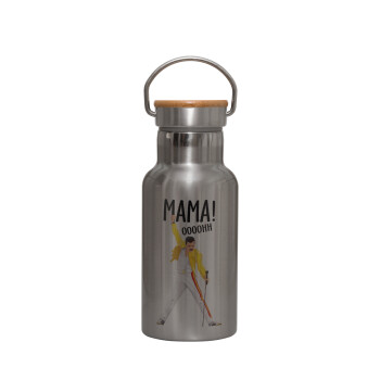 mama ooohh!, Stainless steel metallic thermos flask, silver with a bamboo lid, double-walled, 350ml.