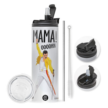 mama ooohh!, Travel Tumbler 2 Lids, with metal straw & cleaning brush (Stainless steel 304 Food grade, BPA free, 600ml)