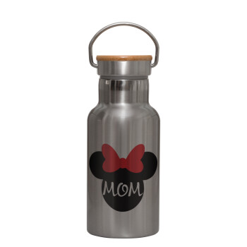 mini mom, Stainless steel metallic thermos flask, silver with a bamboo lid, double-walled, 350ml.