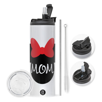 mini mom, Travel Tumbler θερμό με διπλό καπάκι, μεταλλικό καλαμάκι και βούρτσα καθαρισμού (Ανωξείδωτο 304 Food grade, BPA free, 600ml)