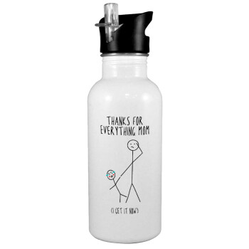 Thanks for everything mom, White water bottle with straw, stainless steel 600ml