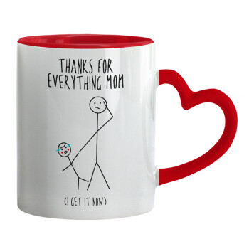 Thanks for everything mom, Mug heart red handle, ceramic, 330ml
