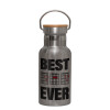 Stainless steel metallic thermos flask, silver with a bamboo lid, double-walled, 350ml.